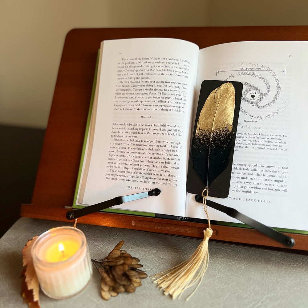 Elegant Black and Gold Feather Bookmark handmade
